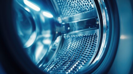 Close up of modern industrial washing machine drum in contemporary laundromat showcasing sleek design and advanced technology for efficient washing