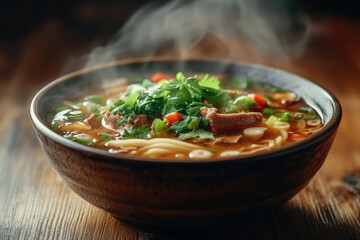 Steaming hot bowl of beef noodle soup, garnished with fresh cilantro, showcasing delicious broth and noodles.