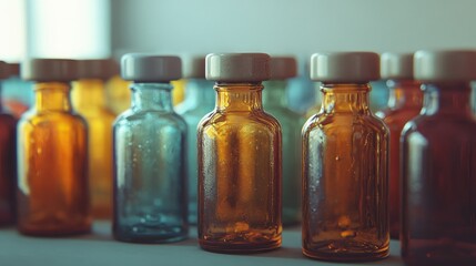 glass vials of various colors arranged in a row for pharmaceutical or medical use on a blurred background