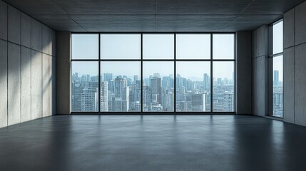 Fototapeta premium Spacious modern industrial interior featuring concrete walls and expansive windows with a panoramic city skyline view.