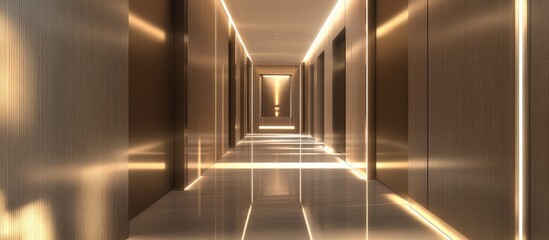 Fototapeta premium Contemporary office hallway featuring elegant design and ambient lighting perfect for professional workspaces and corporate environments