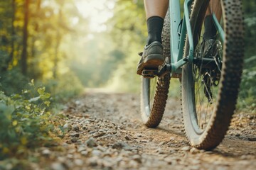 Naklejka premium Person Riding Bicycle on Gravel Pathway Surrounded by Greenery