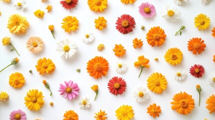 Obraz premium Colorful array of medicinal flowers including calendula and daisies on white background ideal for herbal tea and wellness themes