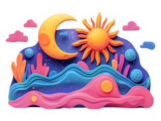 Playful 3D Abstract Doodle of Sun and Moon Shapes on Background