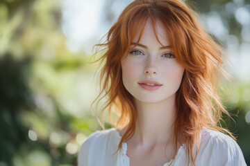 Naklejka premium A stunning redhead woman with freckles, wearing a white top, smiles gently outdoors.