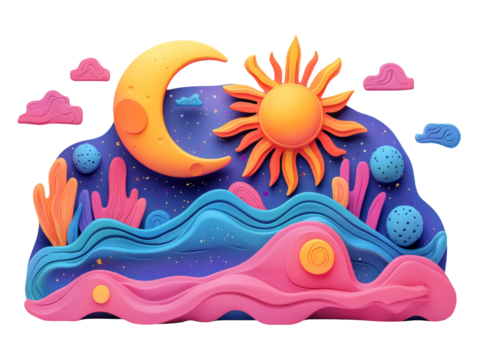 Playful 3D Abstract Doodle of Sun and Moon Shapes on Background - Powered by Adobe