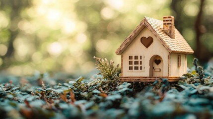 Miniature wooden house with heart symbol representing love, homeownership, and the concept of warmth and comfort in family life