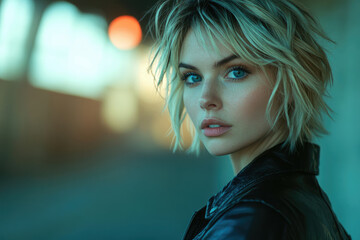 A captivating portrait of a young woman with short blonde hair, piercing blue eyes, and a leather jacket, set against a blurred city backdrop.