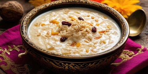 Sweet and savory Indian rice pudding with garnishes, yellow flowers, red tablecloth, and traditional food presentation.