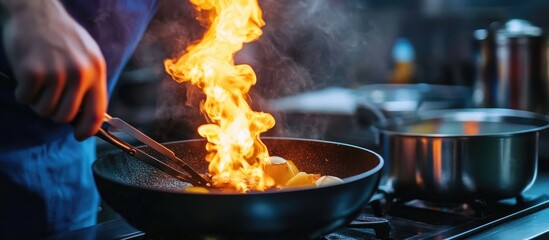 Dynamic cooking action with flames in a contemporary kitchen highlighting the versatility and energy of modern induction cooking techniques