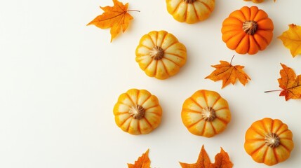 Fototapeta premium Miniature pumpkins and autumn leaves on a white background creating a seasonal decorative arrangement with empty space for text