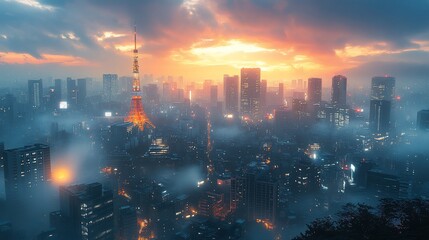 Fototapeta premium Tokyo Skyline Sunset Fog Cityscape Tower