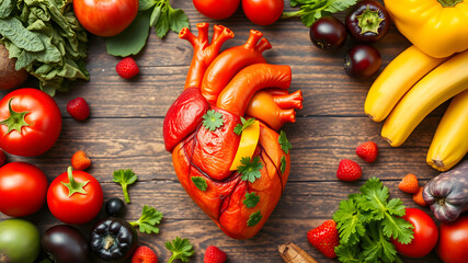 Creative arrangement of fresh fruits and vegetables resembling a heart on a wooden table, healthy diet 