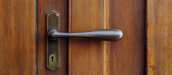 Obraz premium Elegant brown wooden door with sophisticated handle and keyhole perfect for contemporary home entrance design.