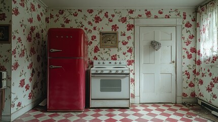 Vintage red refrigerator and white stove in a retro kitchen with floral wallpaper and checkered floor.