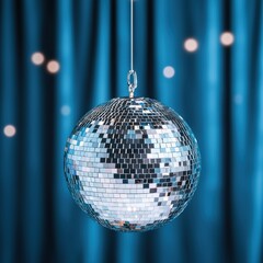 Fototapeta premium Sparkling Disco Ball Hanging Against a Soft Blue Background