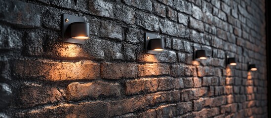 Illuminated metal guiding beacons affixed to a textured brick wall enhancing precision in renovation filling and leveling tasks