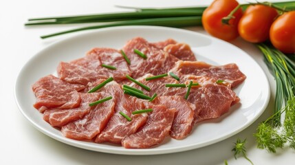 raw meat slices garnished with chives and fresh tomatoes on a white plate for culinary presentations and recipes