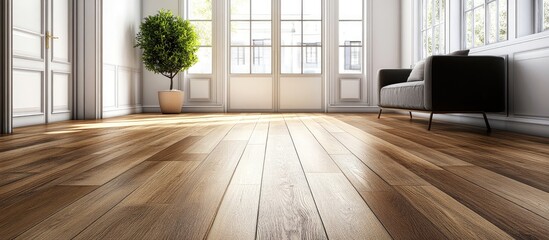 Obraz premium Elegant wooden flooring and stylish door design enhance the airy ambiance of a beautifully renovated interior space