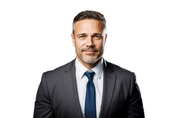 Studio photo of a smiling businessman manager in a suit, isolated on white background