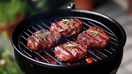 Grilled beef steaks with rosemary on barbecue sizzling over hot coals in a backyard setting