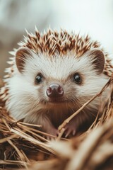 Fototapeta premium A close-up image of a brown hedgehog nestled in dry straw, giving a sense of warmth and comfort.