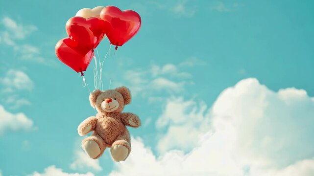 Plush teddy bear floats with pink heart-shaped balloons in the sky.