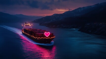 A brightly lit cargo ship decorated with a heart motif sailing through a twilight harbor.