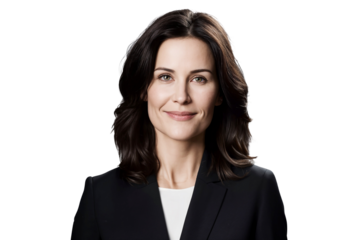 Portrait of a smiling businesswoman manager in a suit, isolated on transparent background