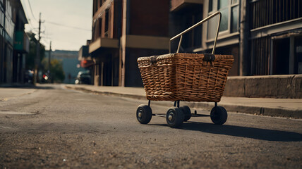 Empty wicker shopping cart stands on a quiet street in a sunlit urban neighborhood during late afternoon