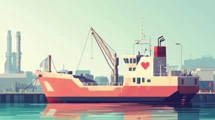 A stylized fishing vessel docked at a port, showcasing industrial scenery in the background.