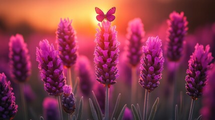 Obraz premium Lavender field at sunset with a butterfly on a flower.