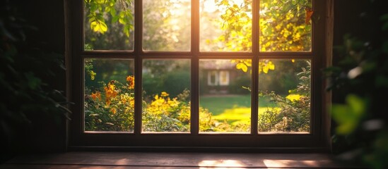 Bright and serene garden view through a rustic window showcasing sunlight and lush greenery for a tranquil ambiance in nature.