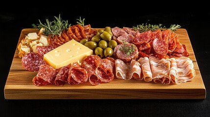 Charcuterie board featuring an elegant assortment of prosciutto, salami, cheese, olives, and fresh herbs on a wooden platter