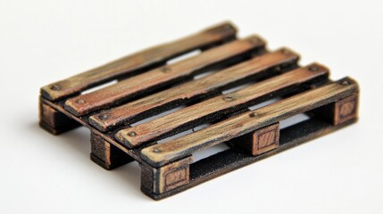 Miniature wooden pallet isolated on a white background for creative and design applications in advertising and product displays.