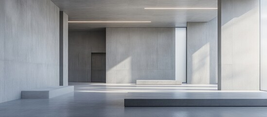 Modern minimalist apartment interior featuring spacious gray walls and bright open areas ideal for contemporary living styles