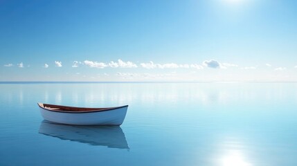 Naklejka premium Serene minimalist seascape featuring a small boat on calm waters under a clear blue sky with plenty of copy space for text.