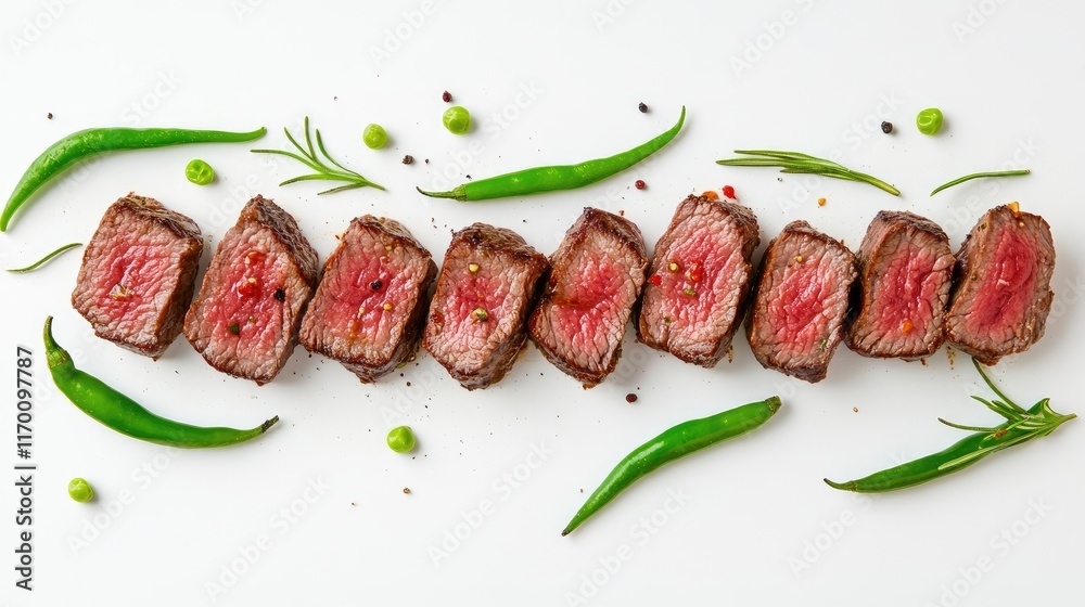 Poster Grilled steak slices arranged on green chili peppers with herbs on a white background showcasing premium meat presentation