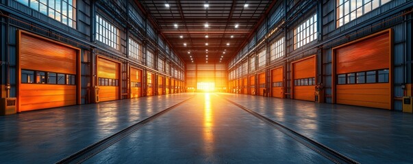 A spacious industrial warehouse with sunset lighting through large doors.