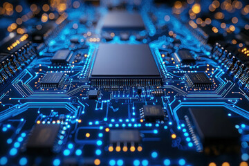 Fototapeta premium Close-up of CPU on circuit board with blue lights.