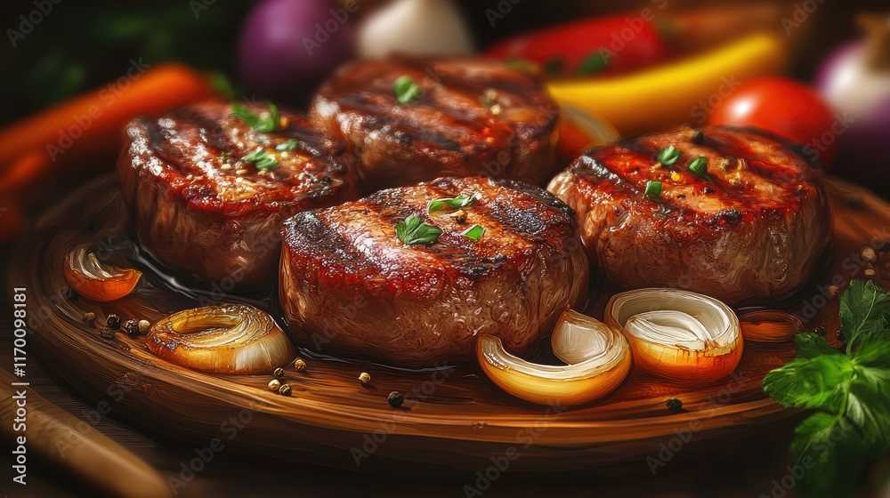 Sticker Grilled meat with onions and colorful vegetables on a rustic wooden platter showcasing a delicious gourmet dish.