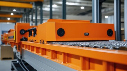 Fototapeta premium Industrial Automation Conveyor System Featuring Orange Robotic Machinery for Efficient Shipment and Modern Industry 4.0 Operations
