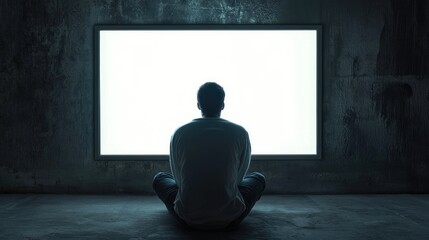 Contemplative Man Meditating in Front of a Blank Television Screen in a Dark Room Reflecting on Silence and Isolation