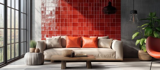 Glossy red tile mosaic with intricate clay pottery design enhancing a modern stylish interior wall and cozy living room setting