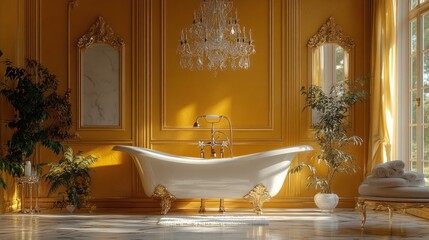 Luxurious yellow bathroom with clawfoot tub, chandelier, and gold accents.