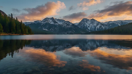 Majestic mountains reflecting in tranquil lake during sunset with vibrant hues in the sky