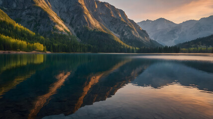 Serene lake reflects majestic mountains at dawn in a tranquil natural setting