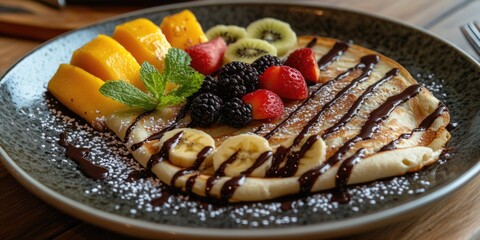 Plate of delicious fruit pancake with chocolate drizzle, fresh fruits and a dusting of powdered sugar.