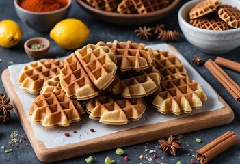 A close-up of Italian waffle cookies on a wooden cutting board with spices and herbs in the background