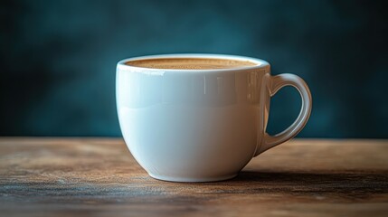 Obraz premium A steaming cup of espresso sits on a rustic wooden table against a dark background.